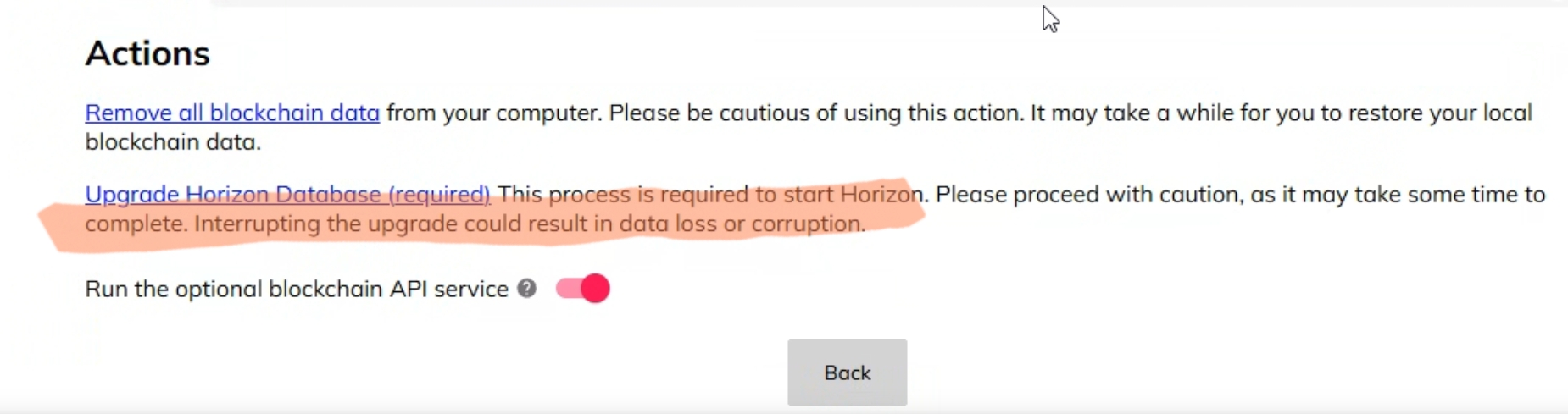 Pi Node Actions画面 Upgrade Horizon Database (required)